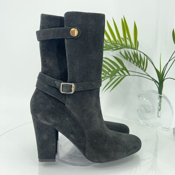 Theory Jodhpur Size 8.5 Mid Calf Black Suede Heeled Ankle Boots Booties Strap - Picture 3 of 14